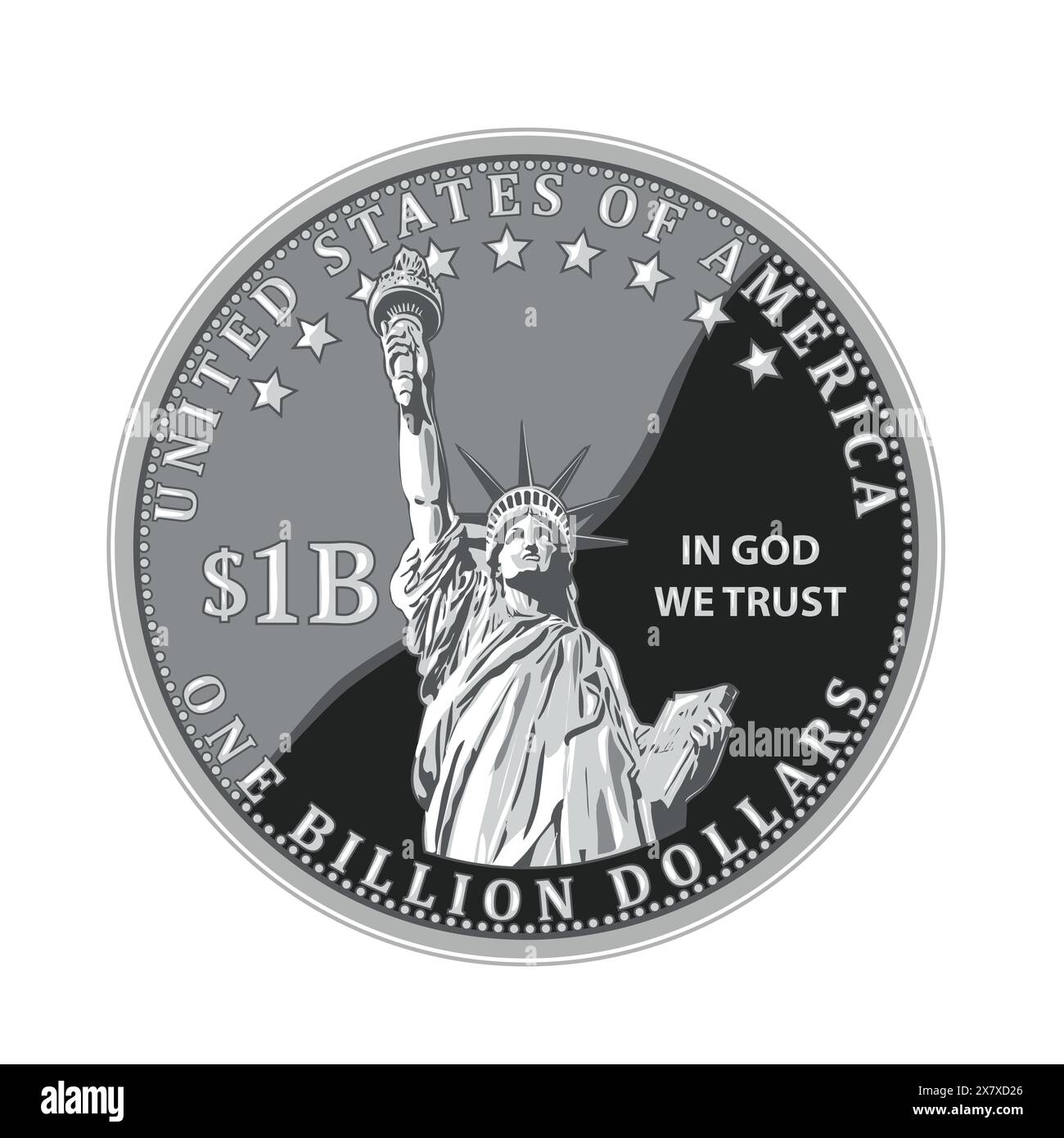 Flache Ikone im Metallic-Stil mit einer 1-Millionen-Dollar-Münze der Vereinigten Staaten von Amerika, USA. Die Freiheitsstatue wird von vorne mit Wort betrachtet Stock Vektor