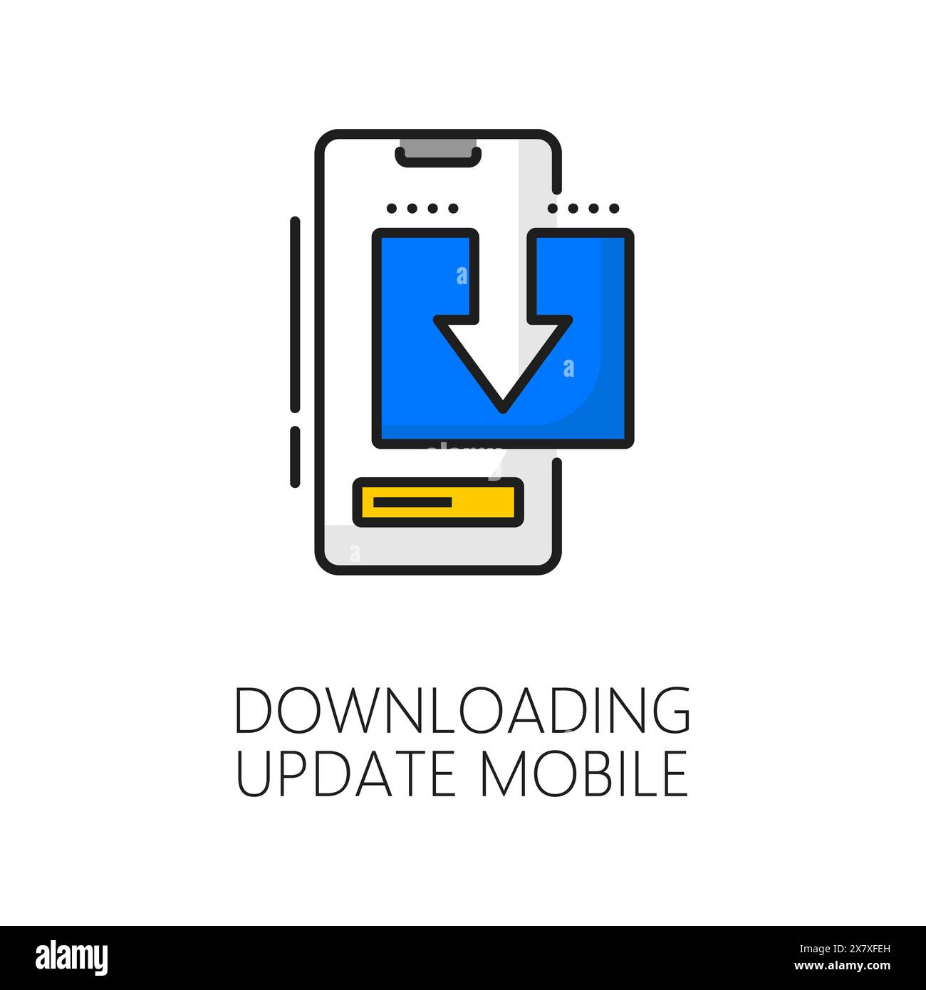 Software-Update für Mobilgeräte – Symbol für dünne Farblinien wird heruntergeladen. Smartphone-Treiber- oder Software-Update, Telefon-Anwendungsservice oder Wartung dünne Linie Vektor-Piktogramm mit Smartphone und Download-Pfeil Stock Vektor