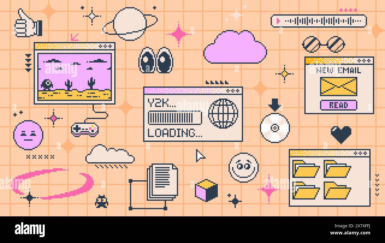 Seitenschnittstelle für Retro-y2k-Computer. Vektor-pc-Desktop mit Ordnern, Symbolen und Ladeleiste. Hintergrund im Vintage-Stil der 2000er Jahre mit Emoji, Spiel, Wolken, Sternen und Planeten auf dem Bildschirm Stock Vektor