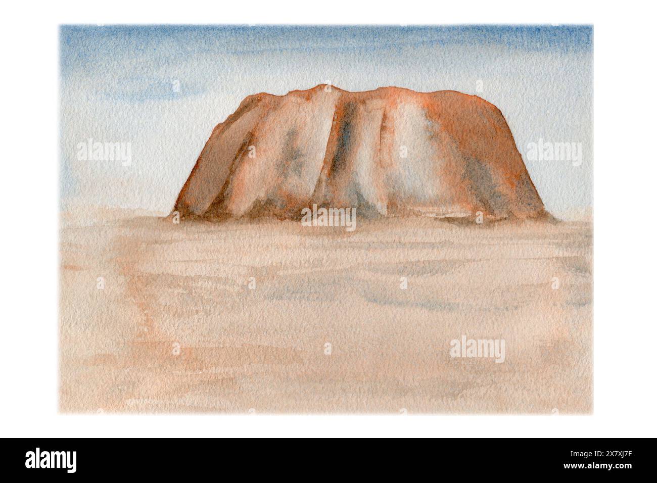 Australische Landschaft im Hintergrund. Gesteinsformation in der Mitte rot. Wüstenmalerei mit Sand und Himmel. Handgezeichnete Aquarellskizze. Hintergrund des Uluru-Berges Stockfoto
