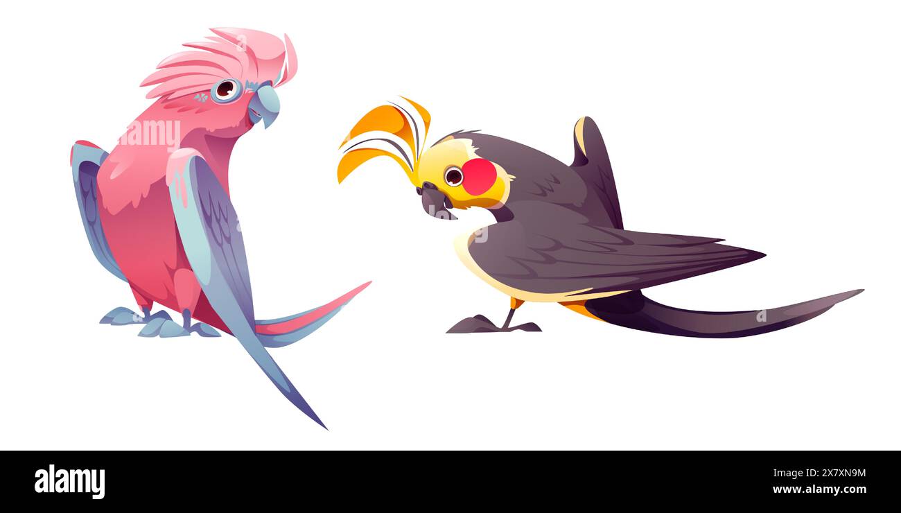 Süßer Papagei. Isolierter Dschungelvogelvektor. Glückliches gelbes und rosafarbenes Comic karibik-Haustier-Zeichensatz. Verrückte fröhliche Tropenvogel-Ikone für Zoo-Spiele. Ein anderes gut mit freundlichem Emoticon Stock Vektor