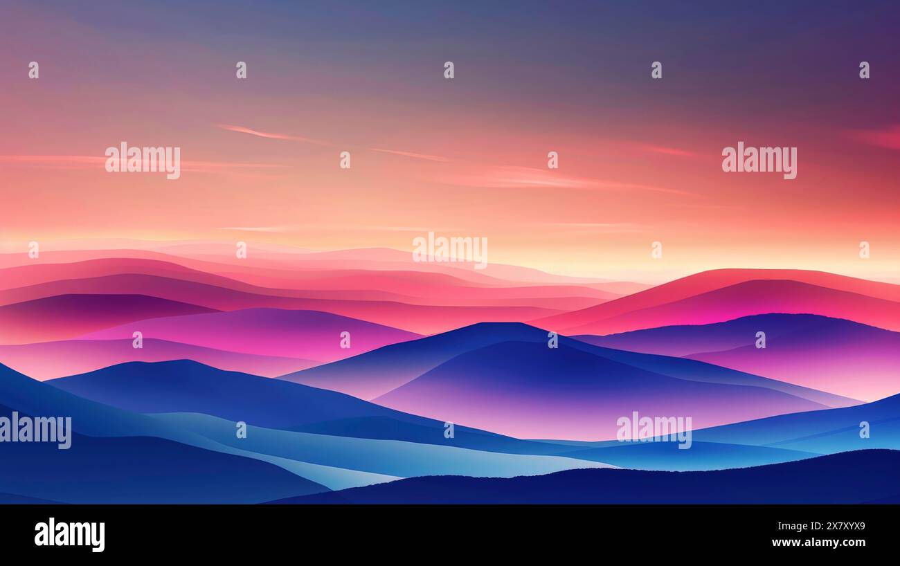Abstrakte Berglandschaft mit einem reichen Farbverlauf, von violett bis orange, die den Sonnenaufgang nachahmt Stockfoto