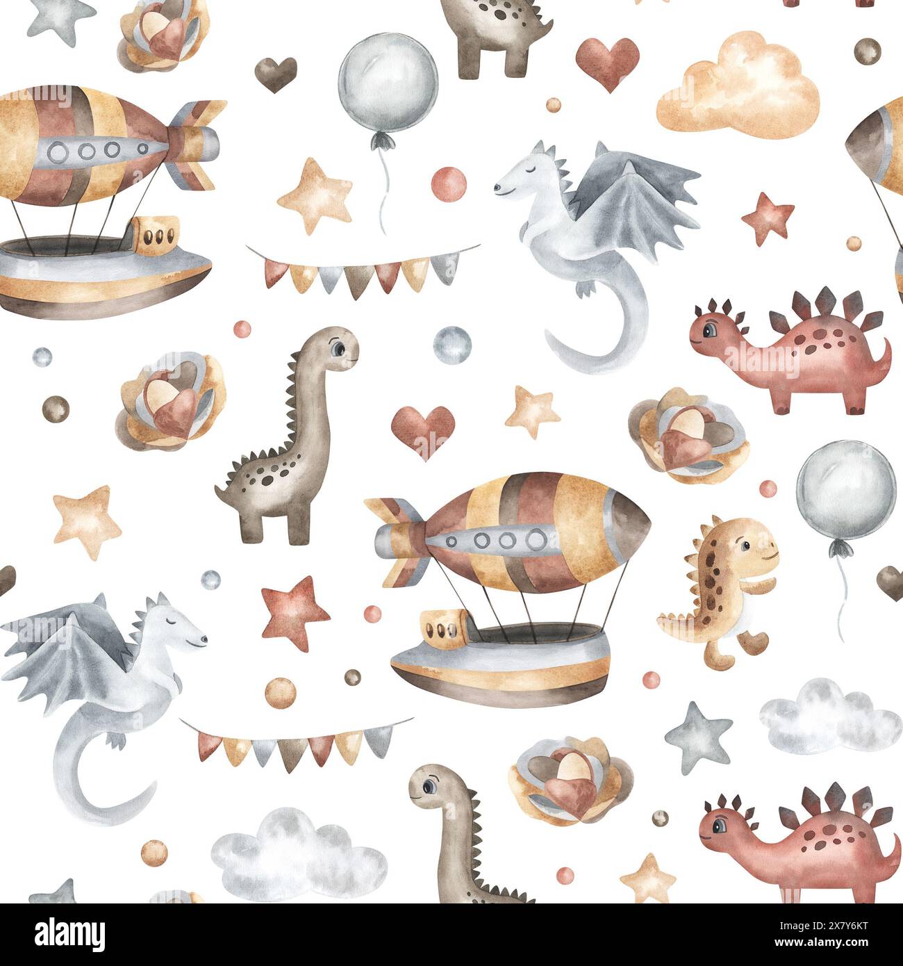 Dinosaurier mit Cartoon-Charakter, Luftschiff, Sterne, Wolken, Ballons. Nahtloses Muster für Kinder mit süßem Dino. Aquarell handgezeichneter Hintergrund für kindisch Stockfoto