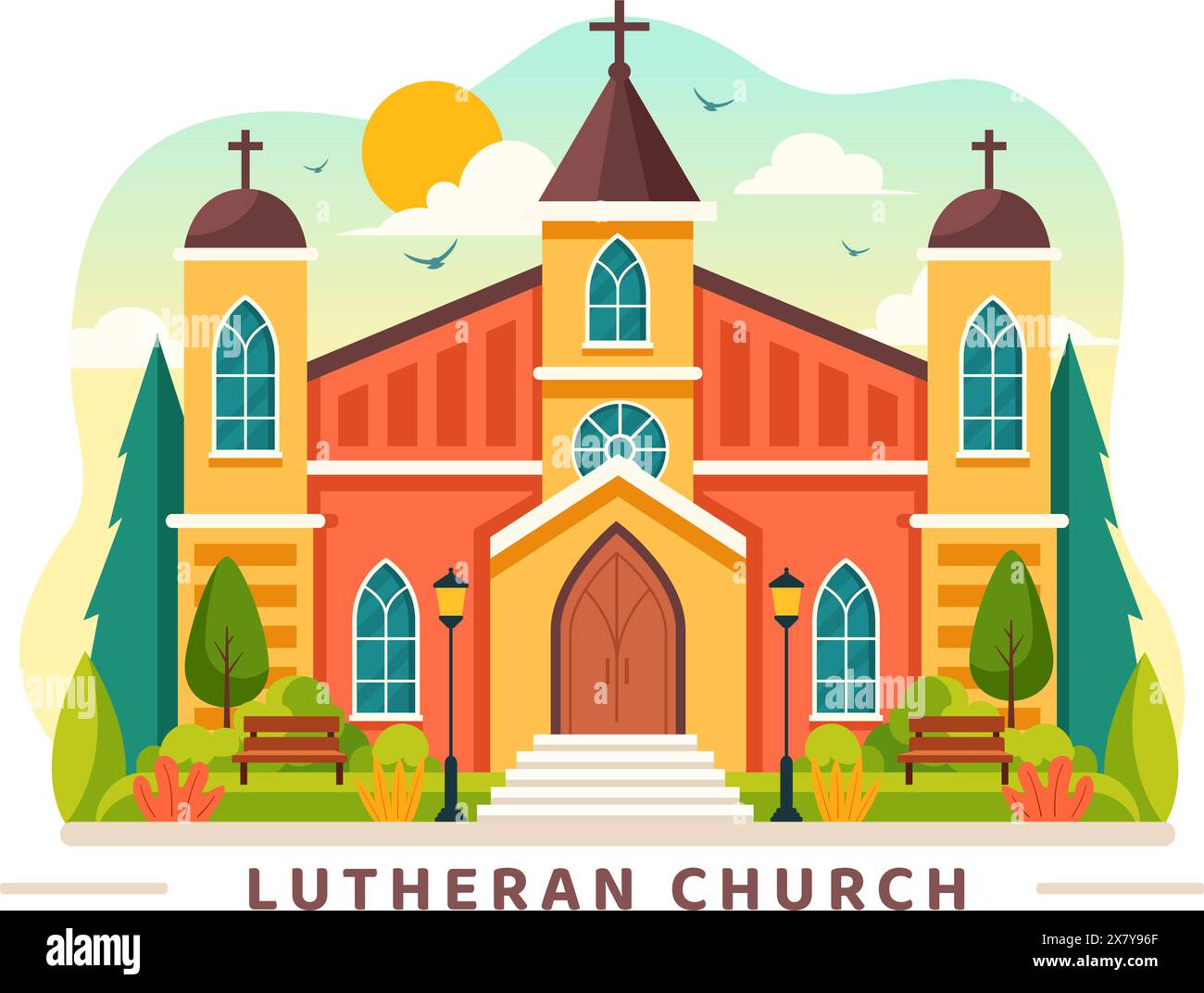 Lutherische Kirche Vektor-Illustration mit einem Dom Tempel Gebäude und christliche religiöse Architektur in einem flachen Cartoon Stil Hintergrund Stock Vektor