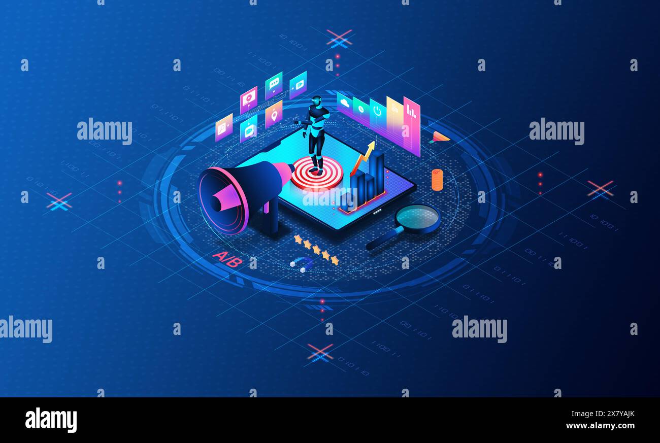 Marketingautomatisierung und KI-gesteuerte Kundeneinblicke – Konzept – neue Tools und Technologien für Marketing und Werbung – 3D-Illustration Stockfoto