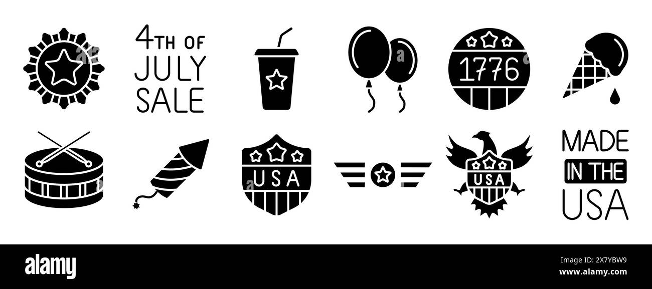 4. Juli SET-Symbol. Trommel, Rakete, US-Schild, Ballons, Adler, Feuerwerk, Limonade, Kalender, amerikanische Flagge, Hut, burger, Grill, Blimp, Sonnenbrille Stock Vektor