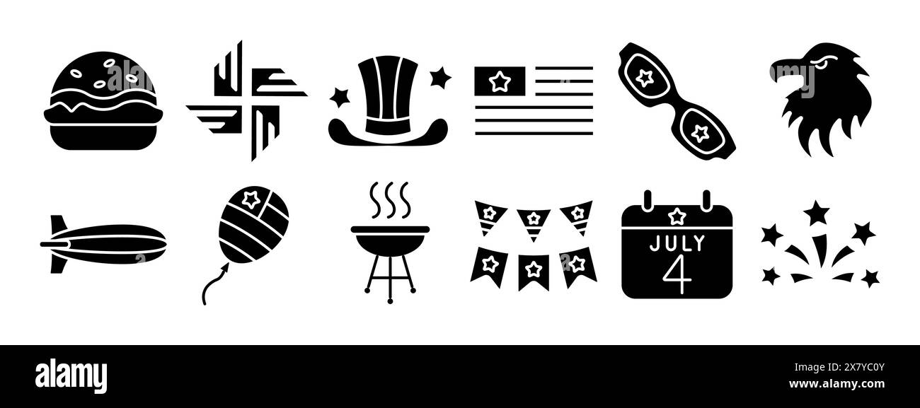 4. Juli SET-Symbol. Trommel, Rakete, US-Schild, Ballons, Adler, Feuerwerk, Limonade, Kalender, amerikanische Flagge, Hut, burger, Grill, Blimp, Sonnenbrille Stock Vektor