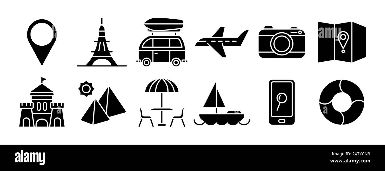 Symbol „Fahreinstellung“. Lage Pin, Eiffelturm, Wohnmobil, Flugzeug, Kamera, Karte, Schloss, Pyramiden, Sonnenschirm, Segelboot, Smartphone, Rettungsschwimmer. Tour Stock Vektor