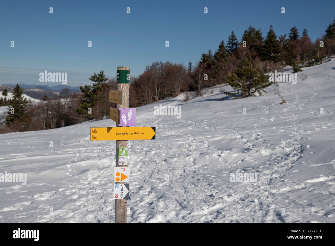 Richtungsschild zum Lure Mountain Summit mit schneebedeckten Mountainbike- und Schneeschuhwanderwegen. Stockfoto