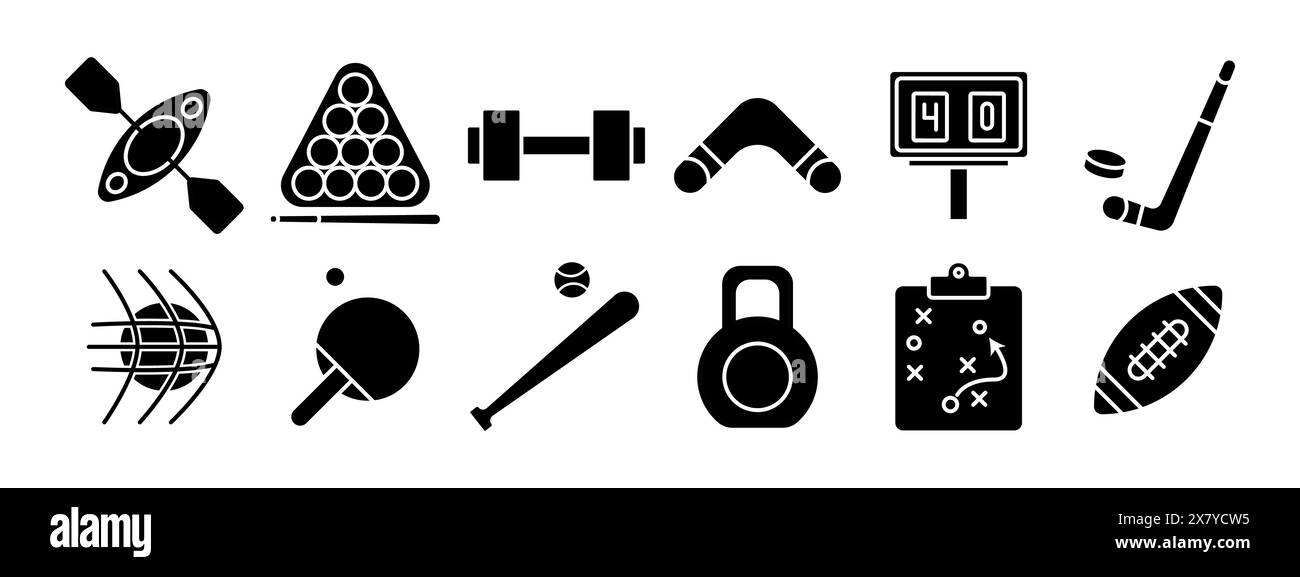 Symbol für Sportausrüstung. Kajak, Billard, Kurzhantel, Bumerang, Anzeigetafel, Hockeyschläger, Basketball, Tischtennis, Baseballschläger, Kettlebell, strate Stock Vektor