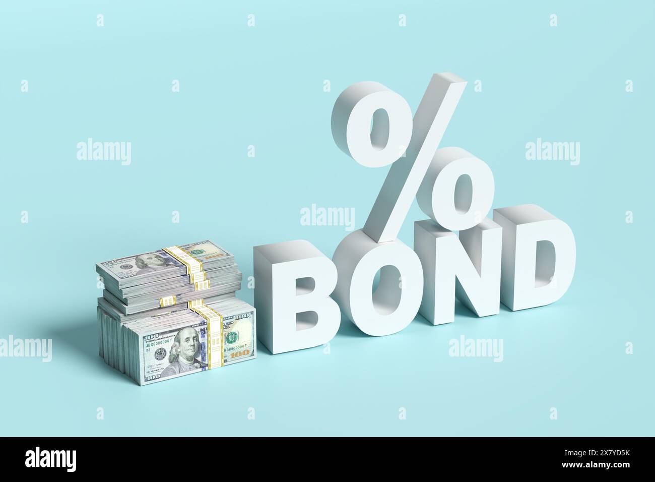 Das Wort Anleihe mit Prozentzeichen und Dollarnoten. Anleiherendite - Zinskonzept. Zinssätze für Investitionen und Finanzanleihen. 3D-Rendering. Stockfoto