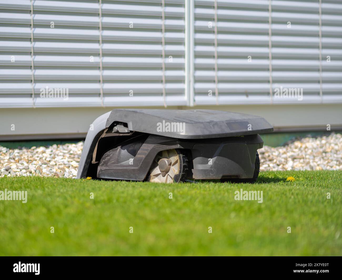 Ein moderner Mähroboter auf Gras, schlankes Design, üppig grüner Rasen, gepflegte Tagesszene. Stockfoto