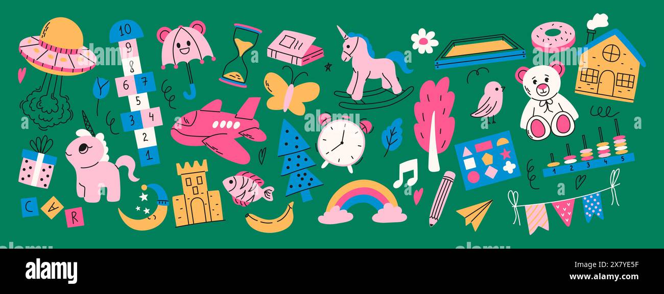 Sammlung von bunten Kritzeleien. Montessori, Hopscotch, Spielzeug, Blume, Regenschirm, Haus, Buch und andere Elemente. Stock Vektor