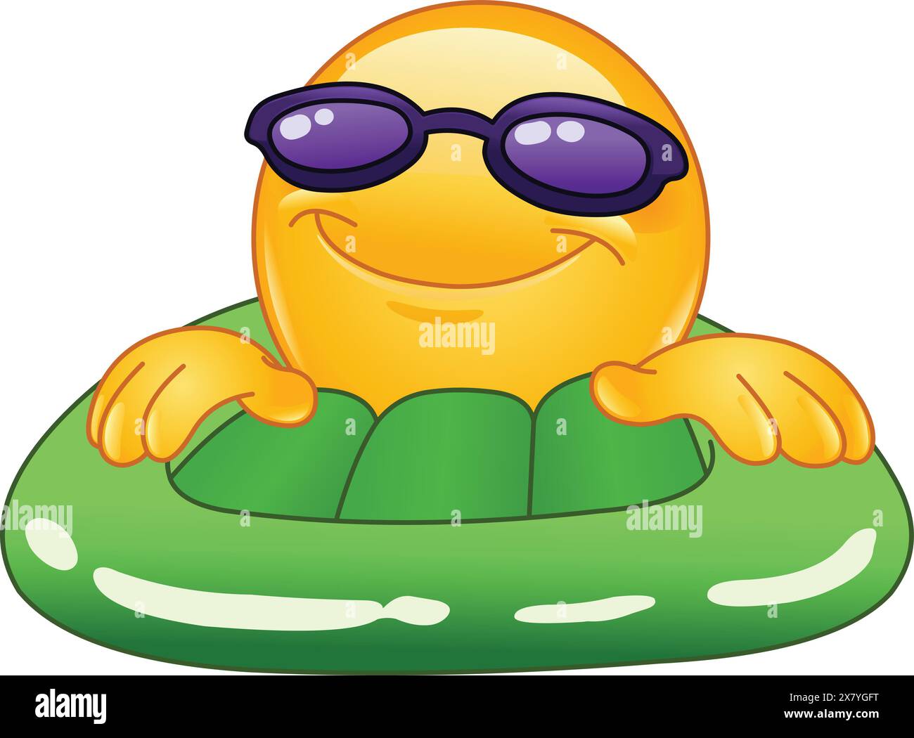 Glückliches Emoji Emoticon mit Sonnenbrille auf einem grünen aufblasbaren Pool oder Meerwassermatratze Stock Vektor