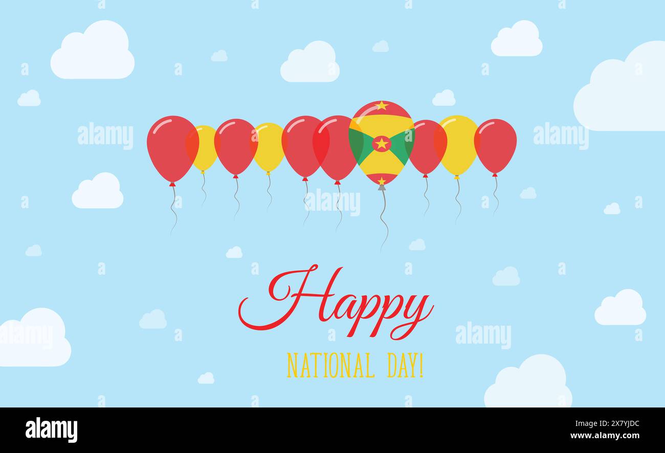 Grenada Unabhängigkeitstag Funkelndes Patriotisches Poster. Ballonreihe in den Farben der Grenadianischen Flagge. Grußkarte mit Nationalflaggen, Blue Skyes und Stock Vektor