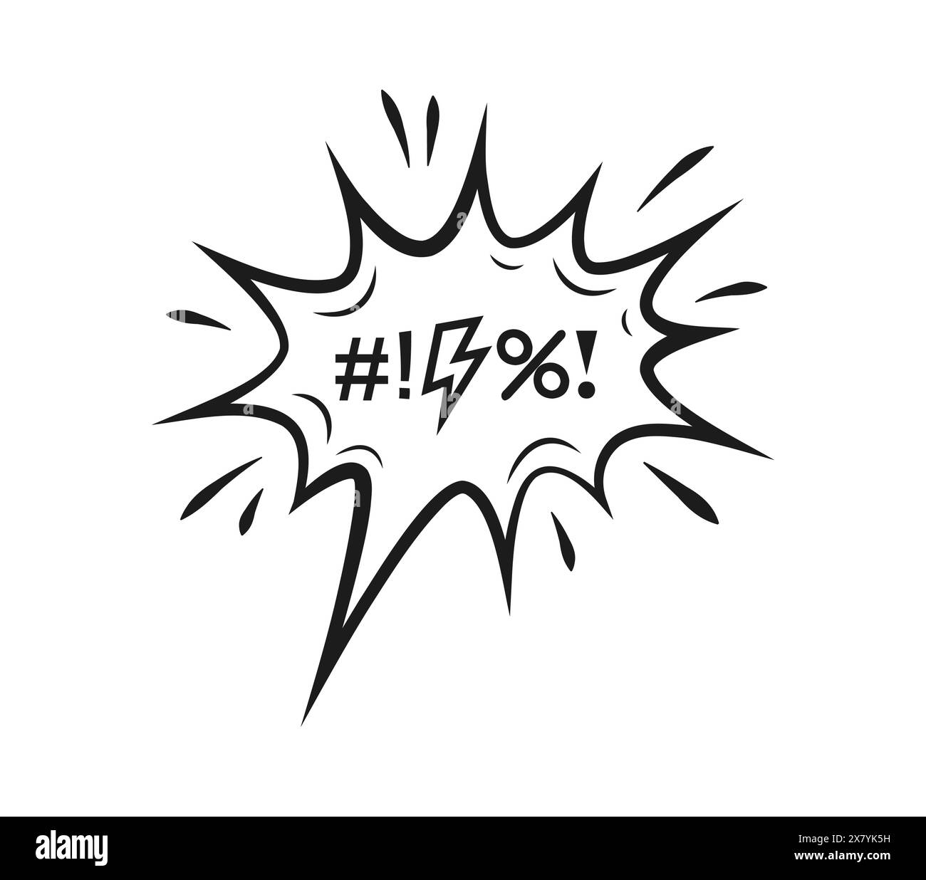 Comic schwören Sprechblase, Karikatur schlechte Wort Fluch oder aggressives ausreizendes Schrei, Kritzelvektor. Hasse wütende Ausrufe mit schlechten Worten in der Explosionswolke für explizites Reden und unhöflichen Schimpfruf Stock Vektor