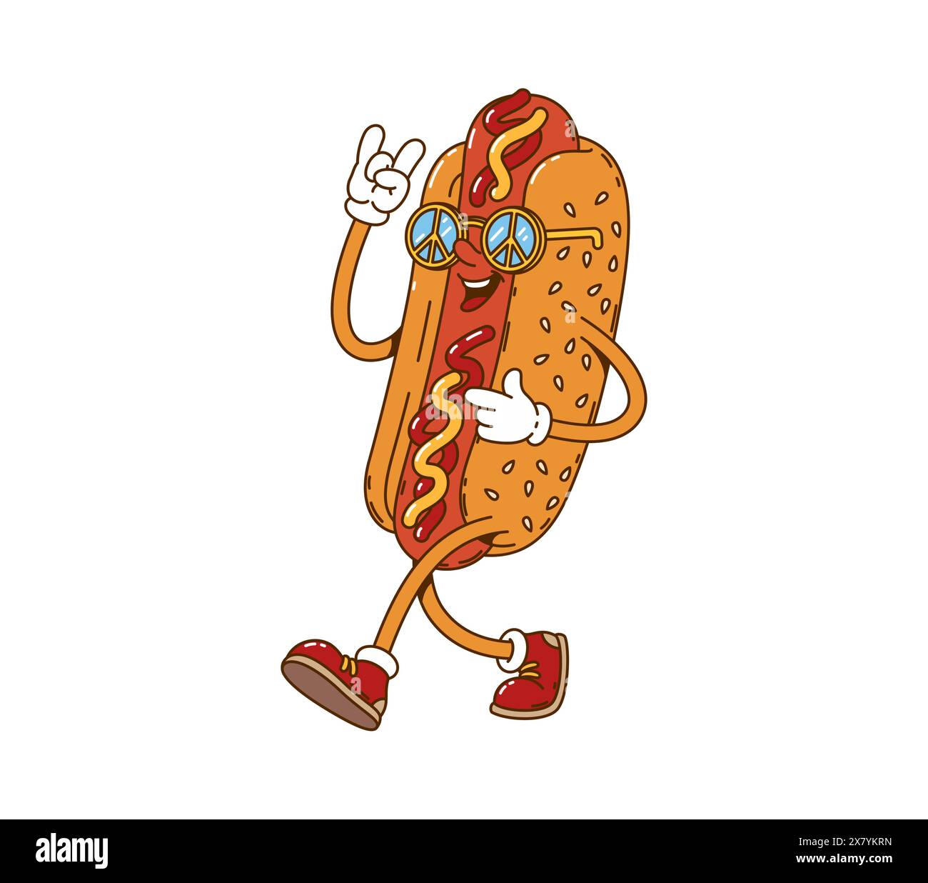 Cartoon Retro groovige Hot Dog Figur. Lustige Fast Food Vintage Persönlichkeit, grooviges fröhliches Street Meal Maskottchen oder Vintage niedliche isolierte Vektoraufkleber. Hot Dog Happy Charakter trägt eine Hippie-Sonnenbrille Stock Vektor