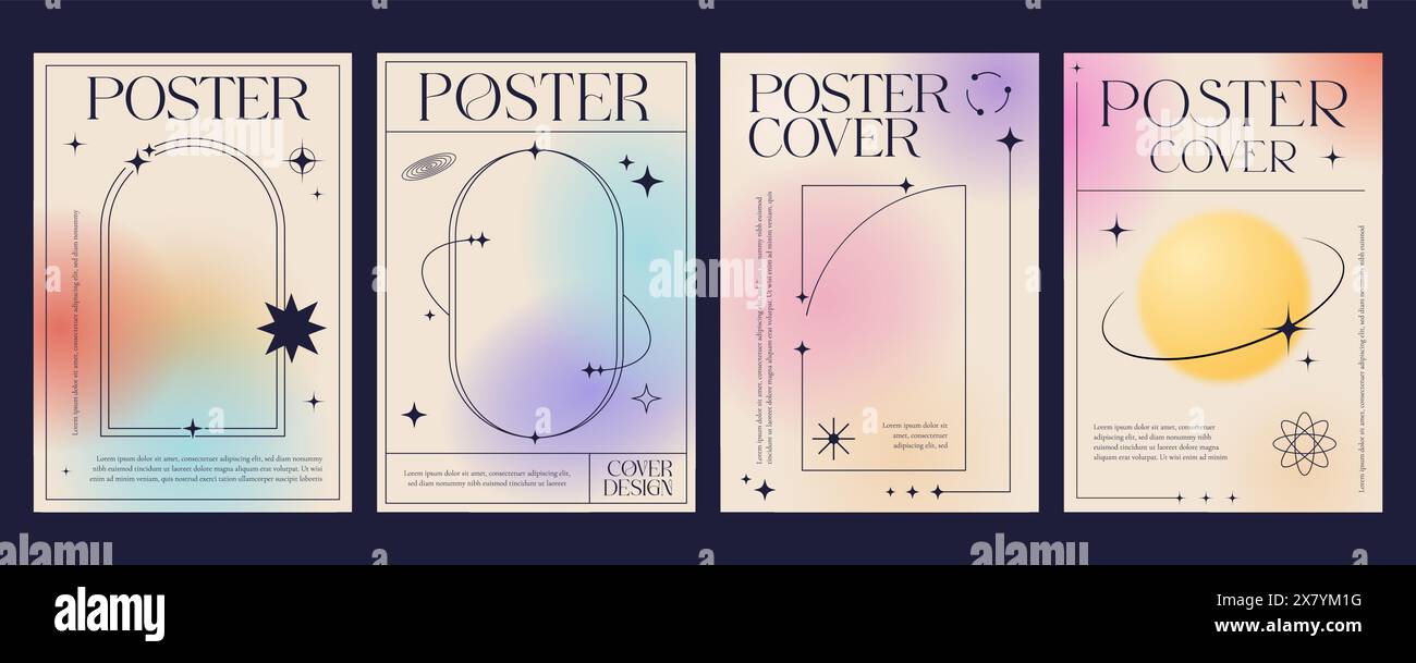 Ästhetische Farbverläufe y2k-Poster. Abstrakte Linienformen und Rahmen auf verschwommenem Pastellverlaufsvektor-Hintergrund. Ästhetischer Aura-Planet mit angesagten minimalistischen Kunststernen, Umlaufbahnen, Funkeln und Bögen Stock Vektor