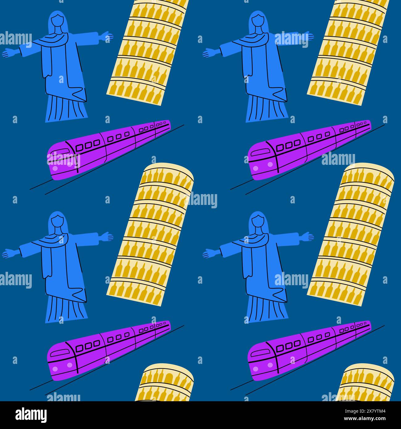 Nahtloses Muster für Reiseziele im Sommer. Kann für Textilien, Cover Design, Poster verwendet werden. Moderner flacher Stil. Stock Vektor