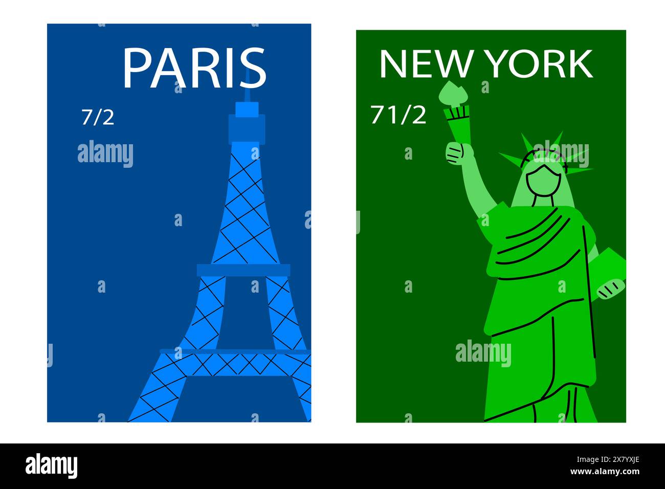 Reiseziele Paris und New York Poster mit berühmten Außenelementen. Stock Vektor