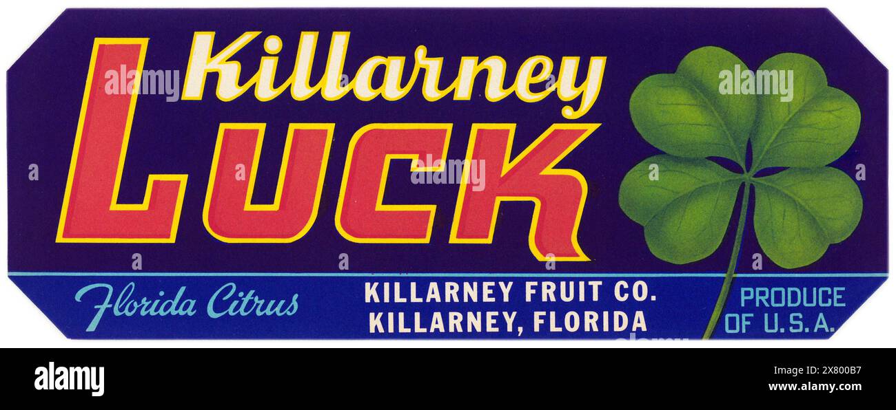 Killarney Luck Florida Citrus Label (ca. 1930-1950) Anonymer Künstler - vierblättriges Kleeblatt - Vintage american Advertising - anonymer Künstler Stockfoto