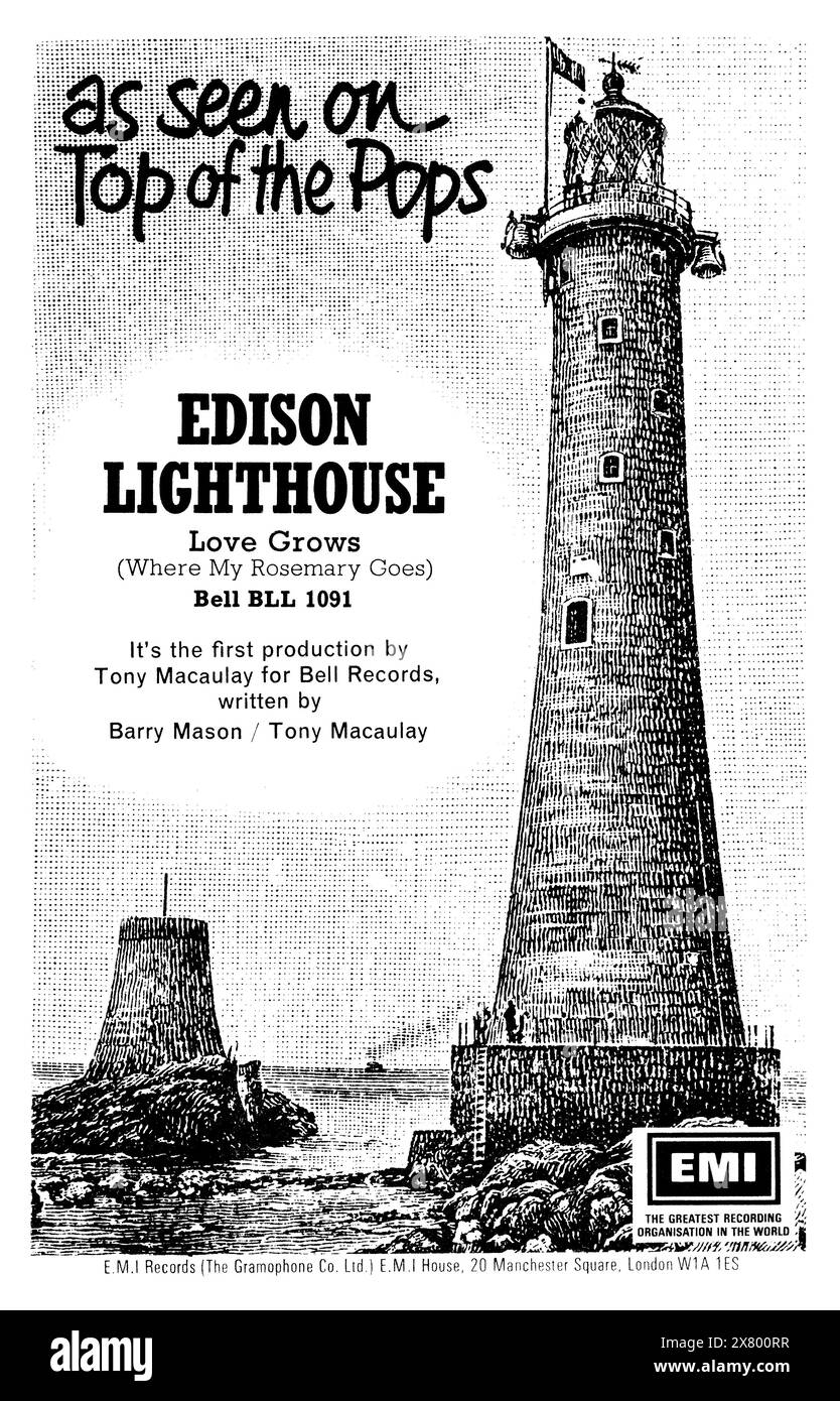 1970 britische Handelswerbung für Love Grows (Where My Rosemary Goes), eine Pop-Single von Edison Lighthouse auf dem Label Bell, vertrieben von EMI. Stockfoto