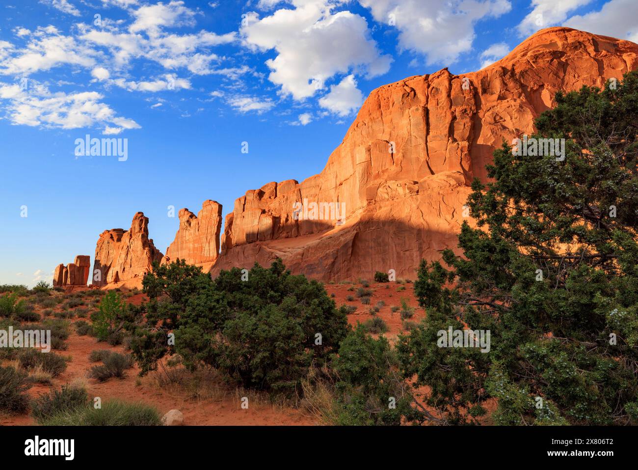 Die Sonne am späten Nachmittag beleuchtet den roten Sandstein der Park Avenue Formation im Arches National Park, Moab, Grand County, Utah, USA. Stockfoto