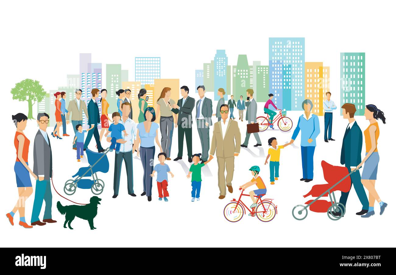 Stadtsilhouette mit Gruppen von Personen, die Freizeit in einem Wohnviertel haben, Illustration Stock Vektor