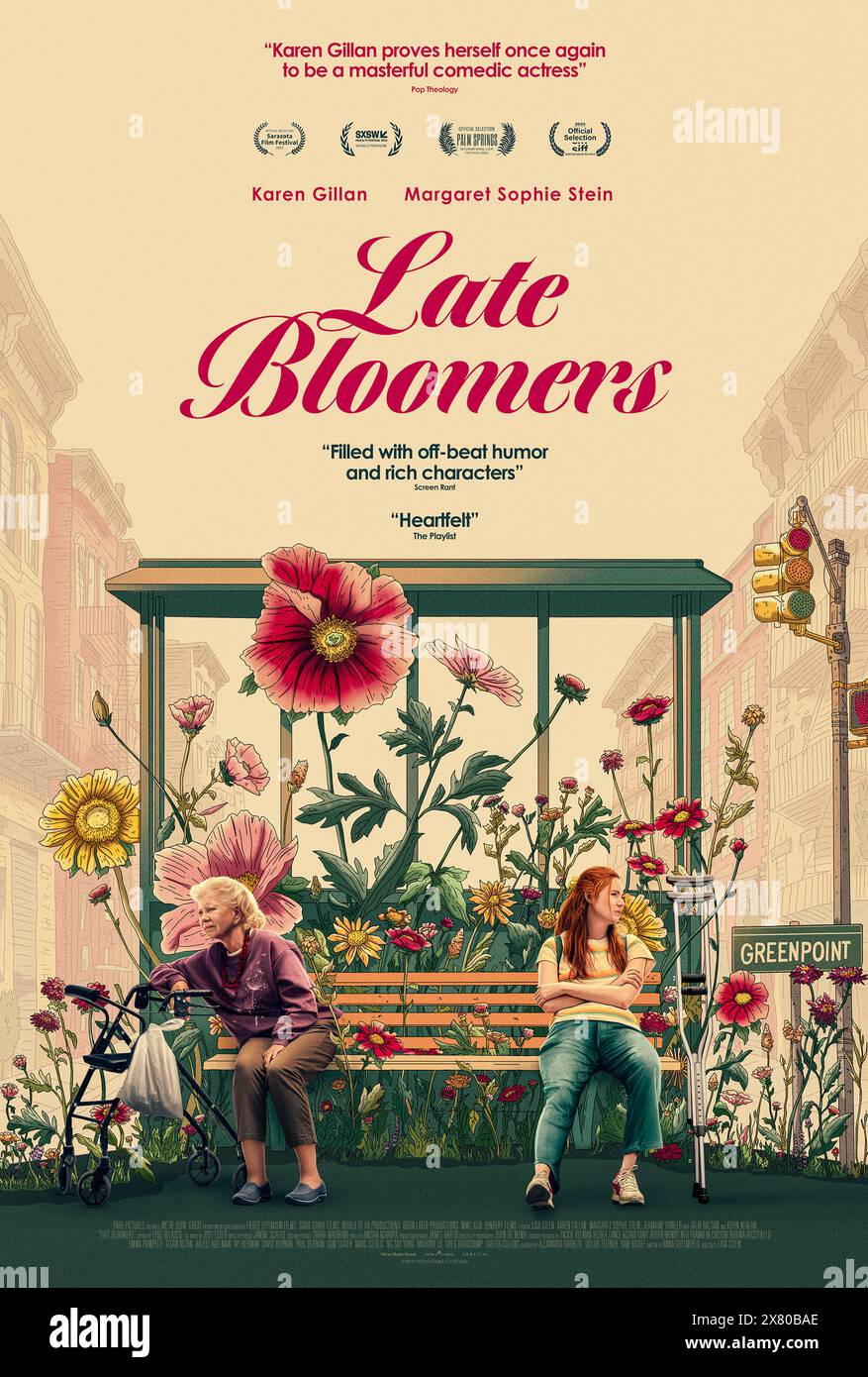 Late Bloomers (2023) von Lisa Steen mit Karen Gillan, Loni Ackerman, Danielle Alonzo und Talia Balsam. Eine ziellose 28-jährige Brooklynite landet im Krankenhaus, nachdem sie sich betrunken die Hüfte gebrochen hat. Eine Begegnung mit einer kranken älteren polnischen Frau, die kein Englisch spricht, führt zu einem Job, der sich um sie kümmert. Das mag es auch nicht, aber es ist Zeit, erwachsen zu werden. US-Poster mit einem Blatt.***NUR REDAKTIONELLE VERWENDUNG*** Credit: BFA / Vertical Stockfoto