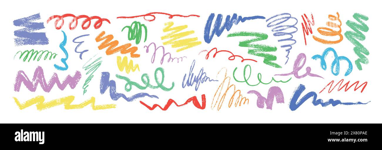Vektor-Satz von Hand gezeichneter Kritzelung bunte Kohle Bleistift Squiggles und verschiedene Linien. Farbkreide Kritzeleien, Konturen, Skizzen, lockige oder Zickzacklinien. Grunge-Stiftstift, raue Wirbel oder dünne Kratzer Stock Vektor