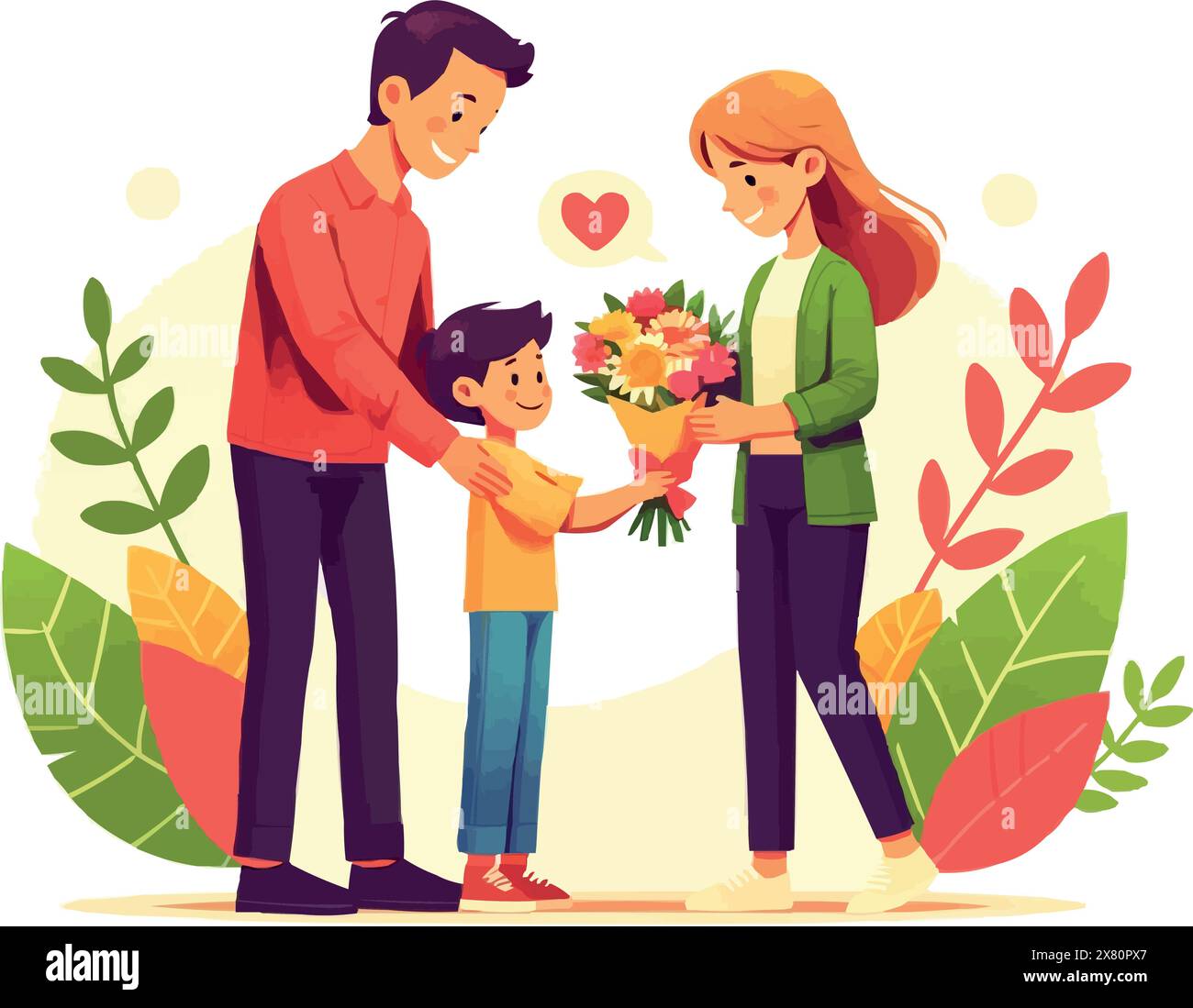 Ein großer Blumenstrauß wird der Ehefrau am Elterntag vom Ehemann, der von ihrem Sohn begleitet wird, geschenkt. Stock Vektor