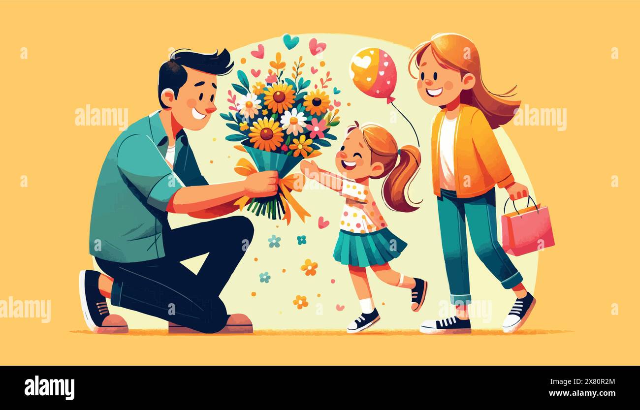 Am Tag der Eltern steht die Mutter in der Nähe ihrer Tochter, während der Vater ihr einen großen Blumenstrauß schenkt. Stock Vektor