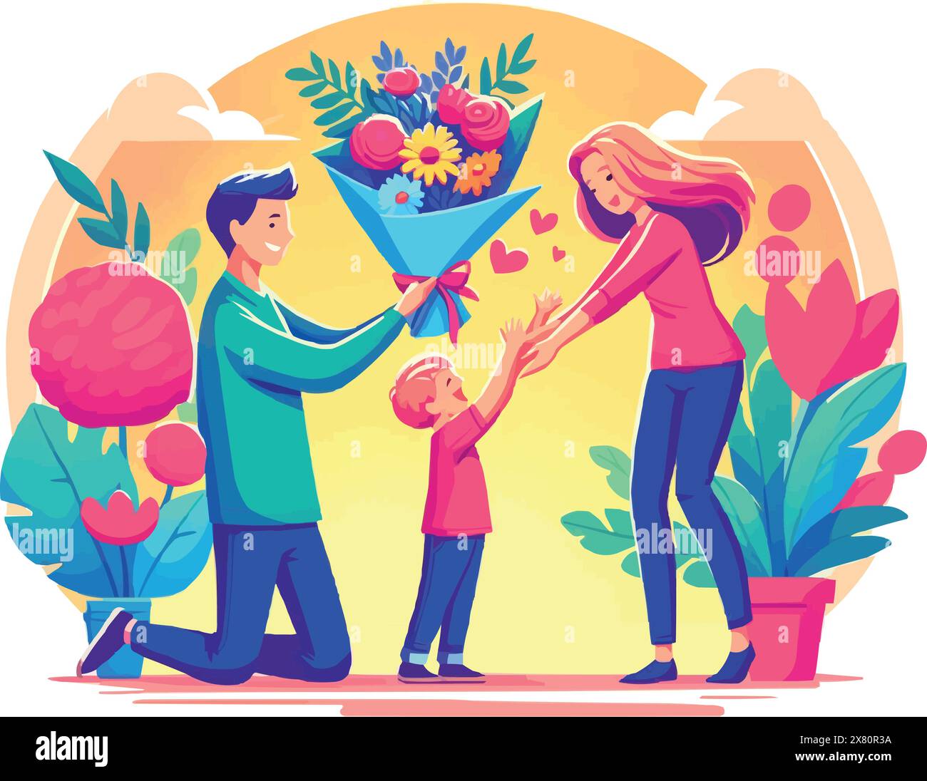 Am Elterntag erhält die Mutter einen großen Blumenstrauß von ihrem Sohn und Vater. Stock Vektor
