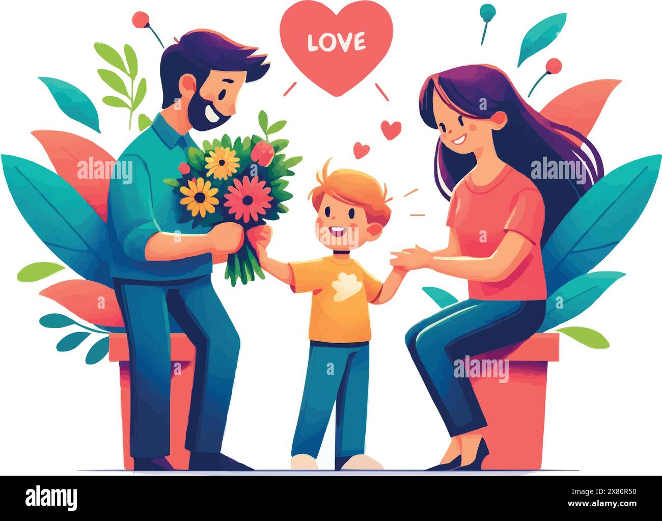 Am Tag der Eltern überreicht der Ehemann seiner Frau einen großen Blumenstrauß, und ihr Sohn steht neben ihm. Stock Vektor