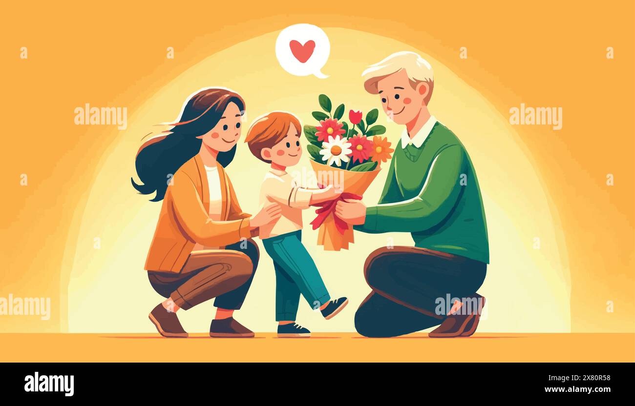 Zu Ehren der Eltern schenkt der Vater Mutter und Sohn einen bunten Blumenstrauß. Stock Vektor