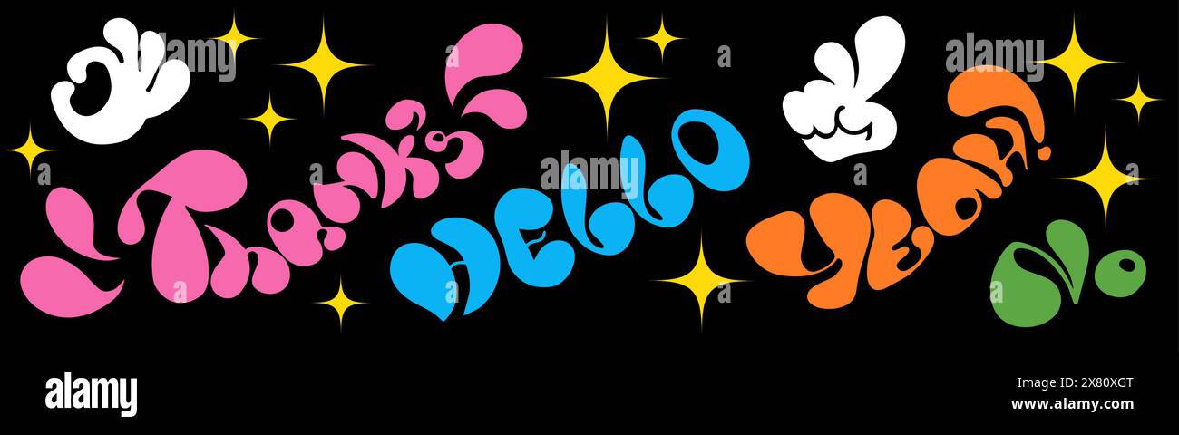 Naive, verspielte Zeichentrickhände, Sterne und Textset. Danke, Hallo, ja, kein Schriftzug im trendigen Retro-Stil. Ästhetik des Brutalismus. Vektorillustration mit welligen Elementen. Stock Vektor