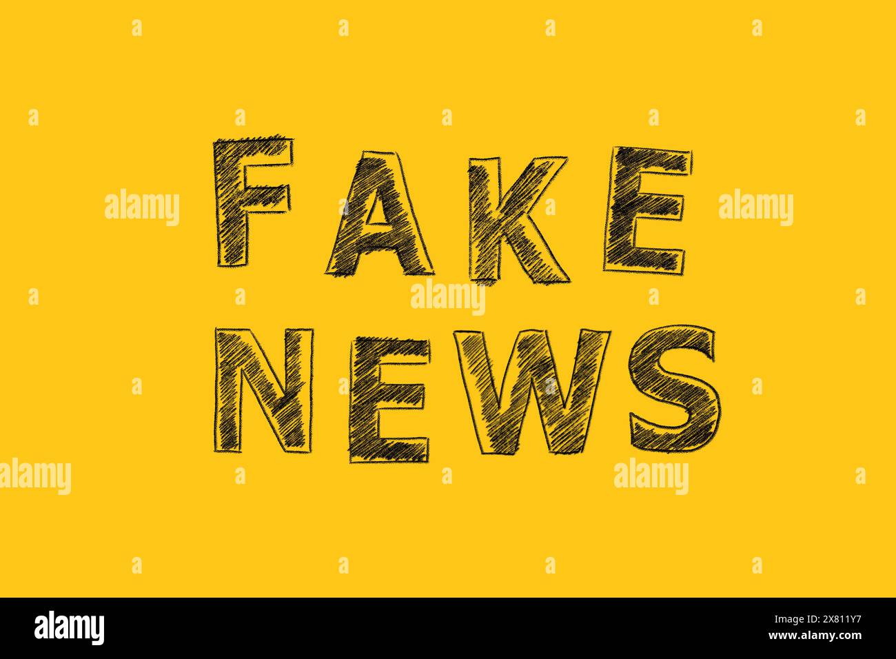 Das Wort FAKE NEWS auf gelbem Hintergrund. Informations- und Desinformationskonzept. Handgezeichnete Abbildung. Stockfoto