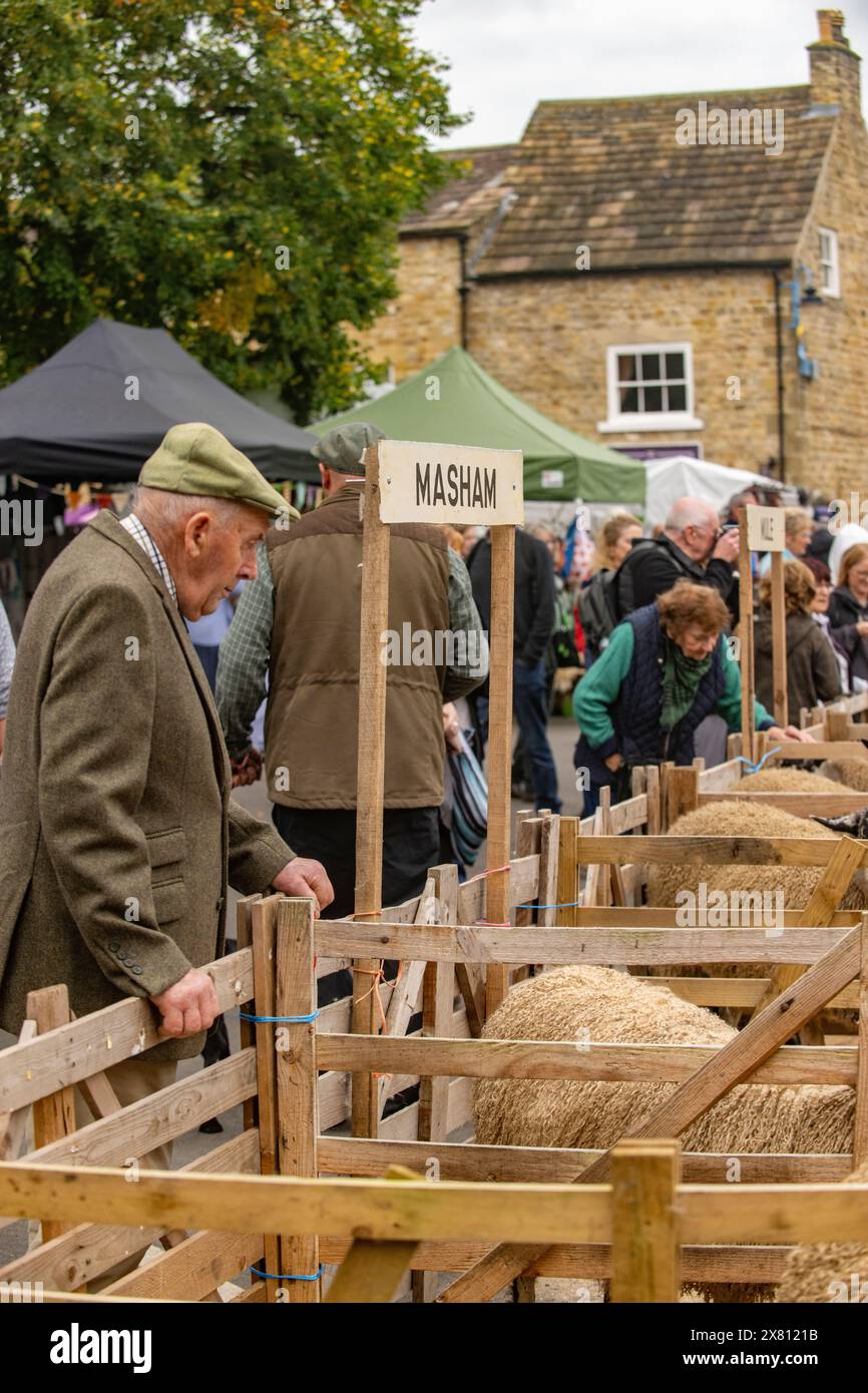Ein älterer Mann, geschickt gekleidet in einer Tweedjacke und einer flachen Mütze, der auf der Masham Sheep Fair in Holzstiften auf die Masham Sheep Fair, Großbritannien, blickt Stockfoto Ein älterer Mann, geschickt gekleidet in einer Tweedjacke und einer flachen Mütze, der auf der Masham Sheep Fair in Holzstiften auf die Masham Sheep Fair, Großbritannien, blickt Stockfoto