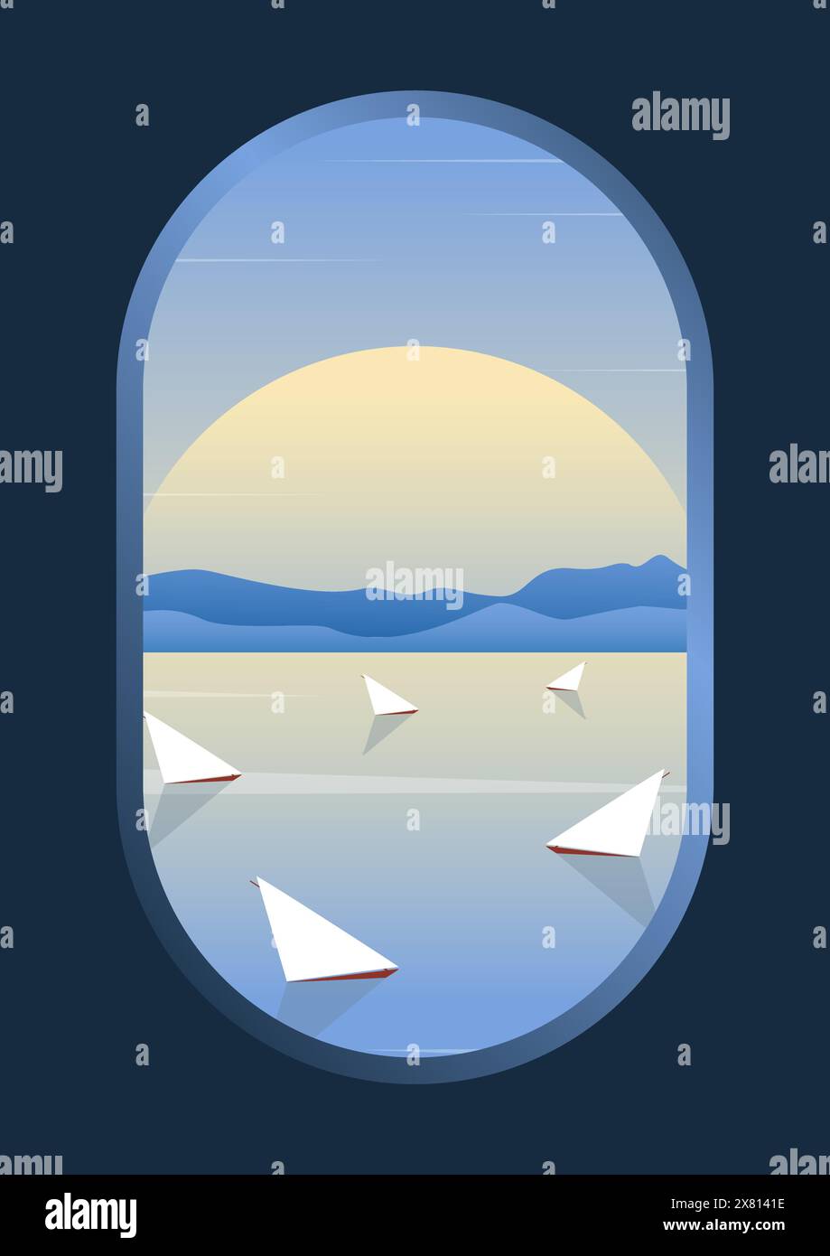 Blick auf die Lagune aus der Vogelperspektive mit Bergen und Sonnenaufgang. Minimalistisch verlaufende Wandeinrichtung. Meer mit Bergen. Skandinavischer Naturfjord in flacher Lage Stock Vektor