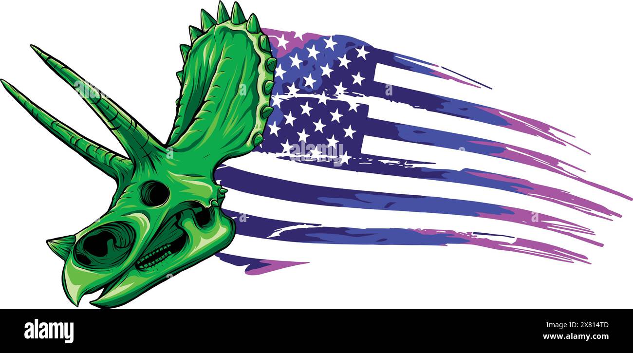 Schädel des triceratops Dinosauriers mit amerikanischer Flagge Stock Vektor