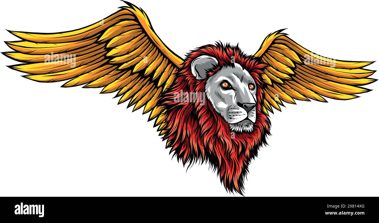 Löwenkopf mit Flügeln Bunte Hand zeichnen Vektor Illustration Stock Vektor