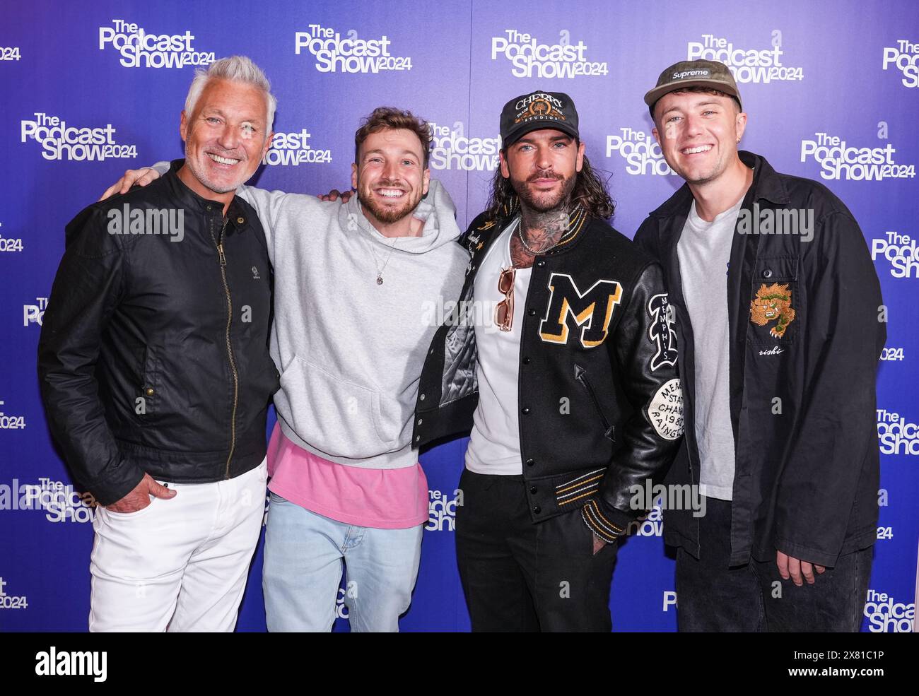 Martin Kemp, Sam Thompson, Pete Wicks und Roman Kemp kommen zur Podcast Show, dem größten internationalen Festival für das Podcasting-Geschäft, im Business Design Centre in Islington, Nord-London. Bilddatum: Mittwoch, 22. Mai 2024. Stockfoto