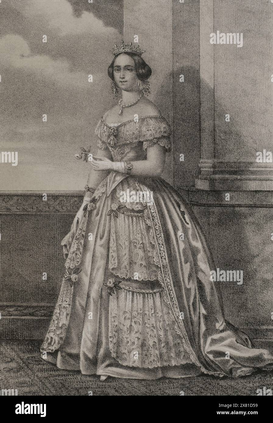 Josephine von Leuchtenberg (1807-1876). Königin von Schweden und Norwegen (1844–1859) als Ehefrau von König Oscar I. (1799–1859). Hochformat. Zeichnung von C. Legrand. Lithographie von J. Donón. Reyes Contemporáneos (Zeitgenössische Könige). Band III. Veröffentlicht in Madrid, 1854. Stockfoto