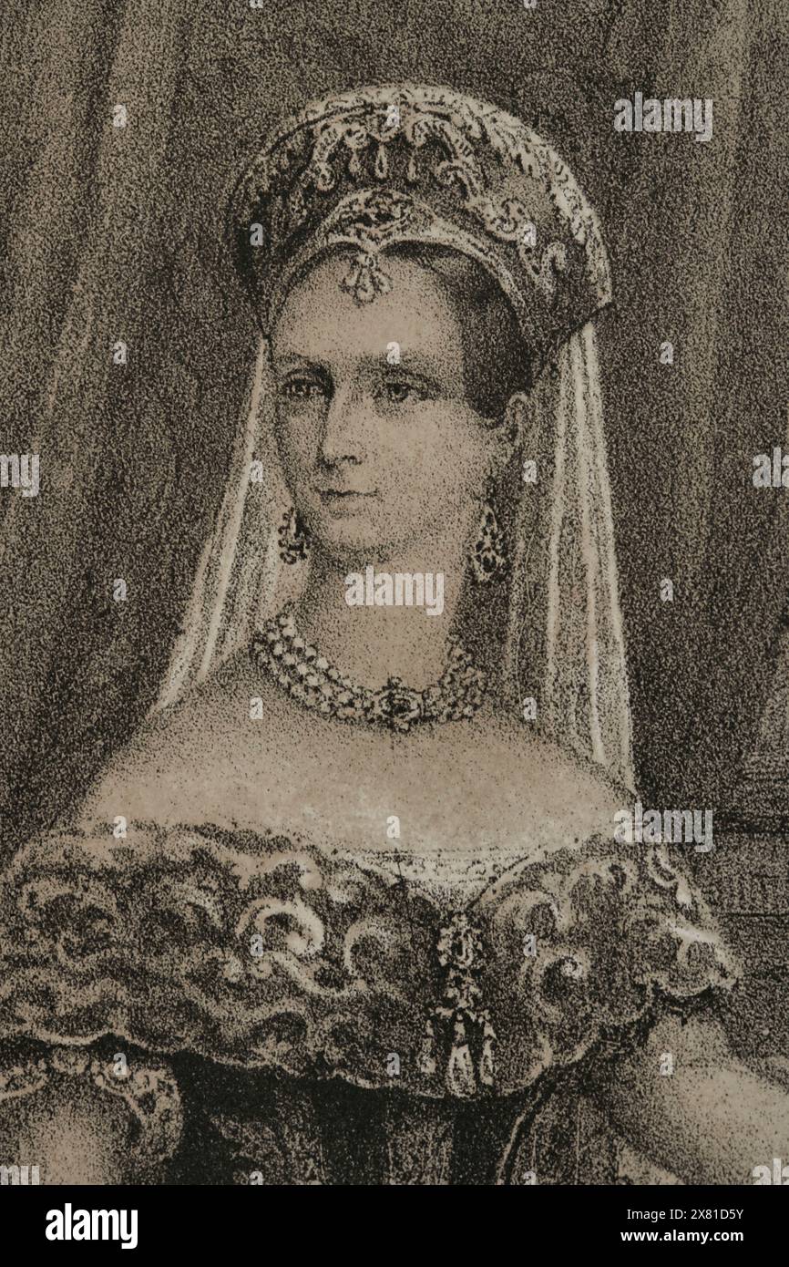 Charlotte von Preußen (1798-1860). Kaiserin von Russland (1825–1855) als Alexandra Fjodorowna, durch Heirat mit Zar Nikolaus I. (1796–1855). Hochformat. Zeichnung von C. Legrand. Lithographie von J. Donón. Details. Reyes Contemporáneos (Zeitgenössische Könige). Band III. Veröffentlicht in Madrid, 1854. Stockfoto