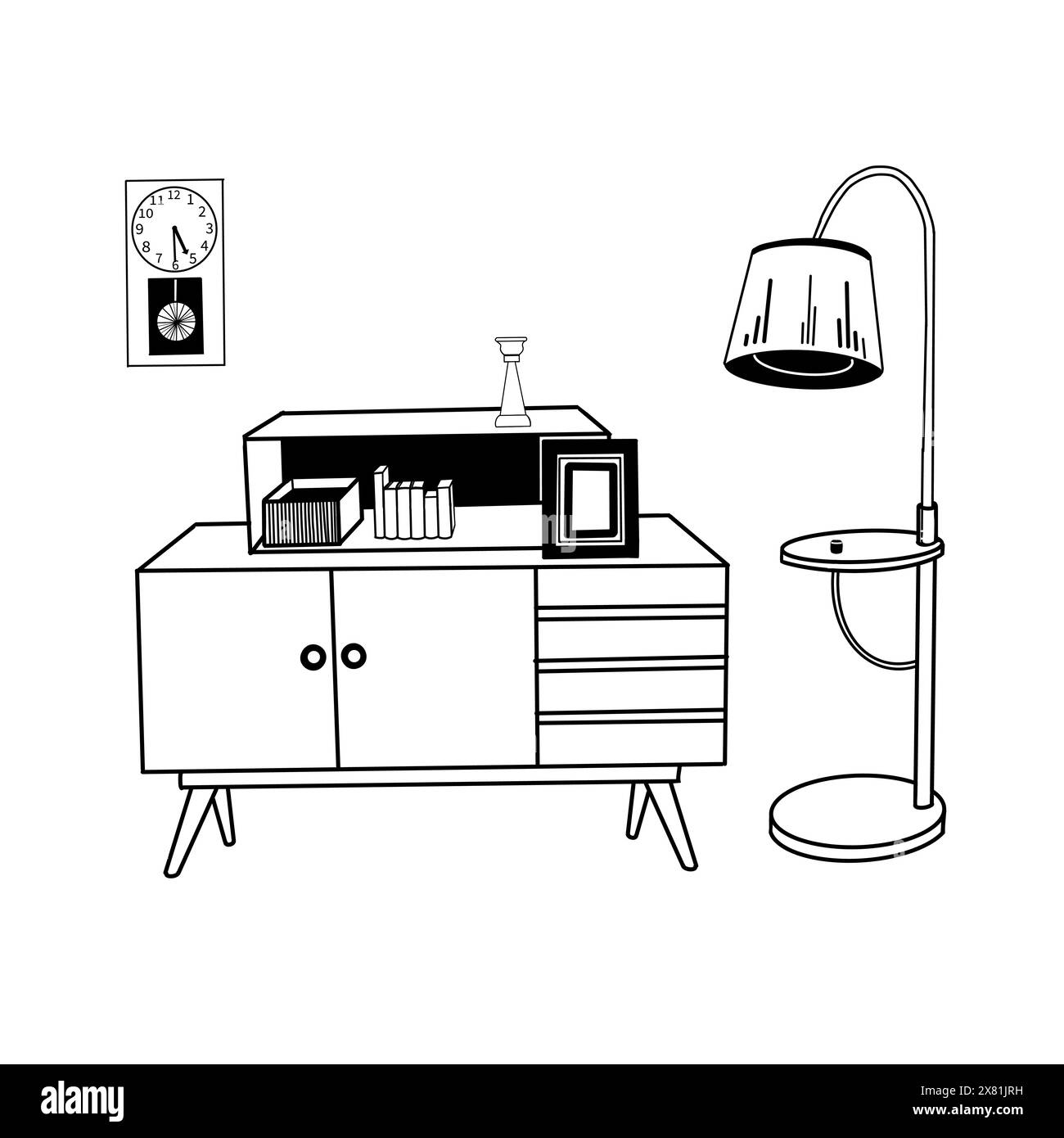 Vintage-Inneneinrichtung, Kommode mit Bücherregal, Bücher, Vase, Stehlampe, Wanduhr. Alles ist handgezeichnet in schwarzem Vektor. Stock Vektor
