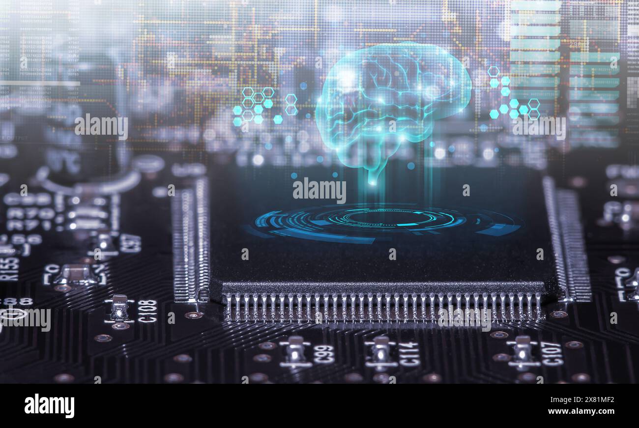 Nahaufnahme der Leiterplatte mit Prozessor, integrierten Schaltungen und vielen anderen auf der Oberfläche montierten passiven elektrischen Komponenten. Stockfoto