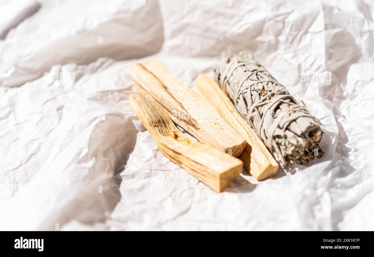 Weißer Salbei und Palo Santo klebt einen hellen Papierhintergrund. Ein Satz Weihrauch zur Begasung. Vorderansicht. Stockfoto