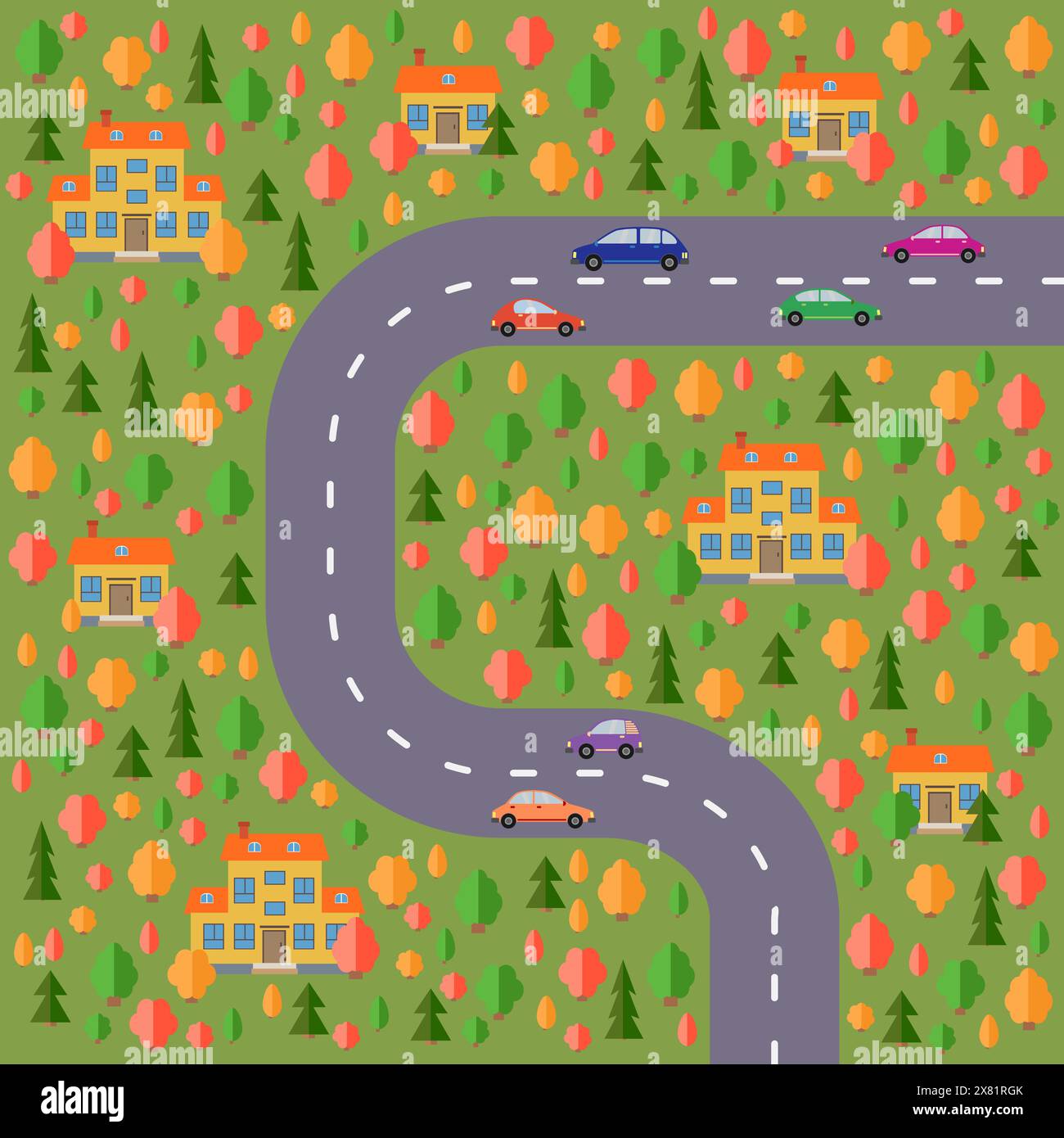 Plan des Dorfes. Landschaft mit Straße, Wald, Autos und Häusern. Vektorabbildung Stock Vektor