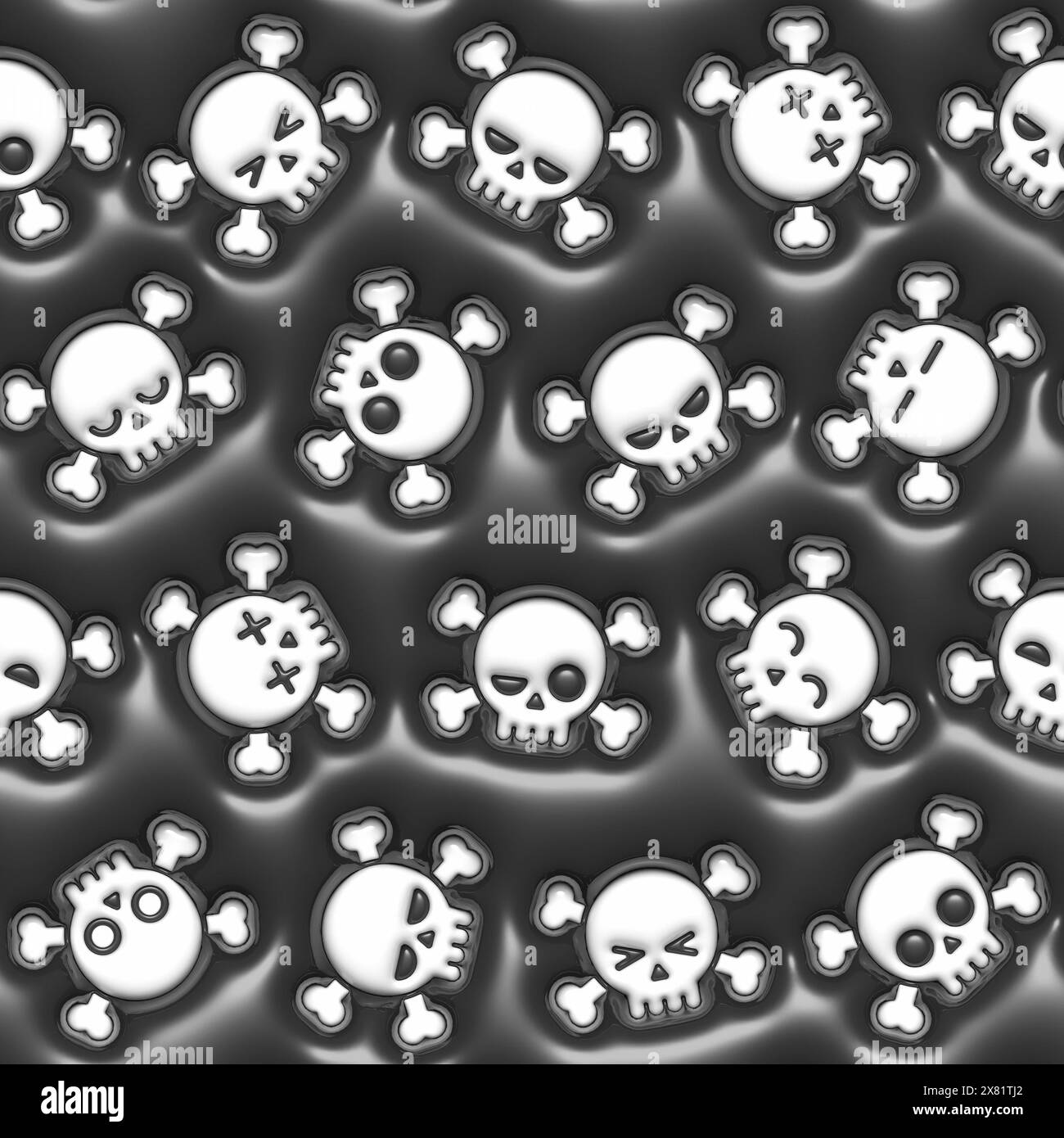 Halloween Skulls 3D aufgeblasenes Luftpolstermuster. Geschwollenes, nahtloses Fliesenmuster. Endlose Textur für Tapeten, Verpackungen, Geschenkpapier usw. Stockfoto