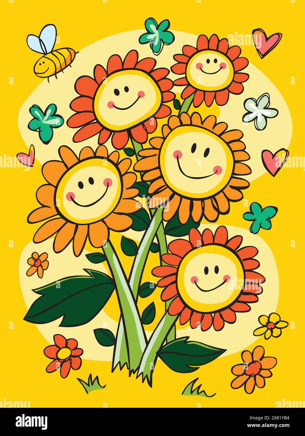 Vektor Bunte Hand gezeichnete Smiley Gesicht Blume Blumenstrauß Illustration mit Herzen und kurvigen Sternen. Geeignet für Grußkarten und Wandbilder. Stock Vektor